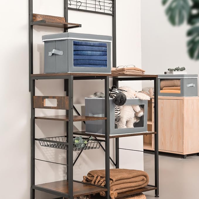 Homsorout Stackable Storage Bins with Lids - Medium Storage Box with Lids, Foldable Closet Boxes for Organizing, Wardrobe Clothes Organizer with Window, Cubes Bins for Living Room, 5 Pack, Grey