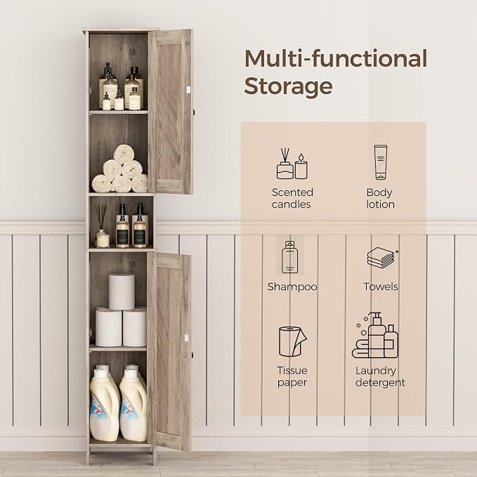 Homleke Tall Bathroom Storage Cabinet with 2 Doors, Slim Bathroom Cabinet | Narrow Storage Cabinet with Adjustable Shelves, Anti-Tip Design, Reversible Door, Easy Assembly, Greige, 11.8''W