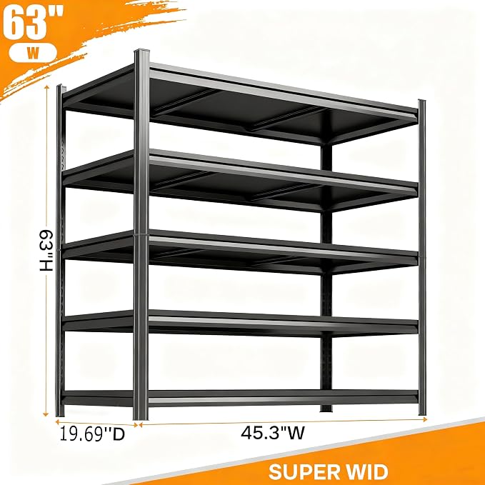Garage Shelving Heavy Duty Storage Shelves, 2500 LBS Adjustable 5 Tier Shelving Unit, Metal Garage Shelving for Industrial, Basement, Warehouse (63''Hx46''Wx20''D, Black)