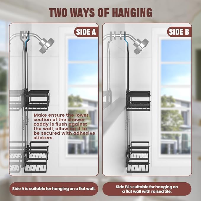 REINHARDT Adjustable Shower Caddy Hanging for Handheld Showerheads, Black | Patented Shower Organizer, Rustproof, 40lbs Capacity, Anti-Swing, Tool-Free, Suction Cups, 8 Hooks, Soap & Toothbrush Holder