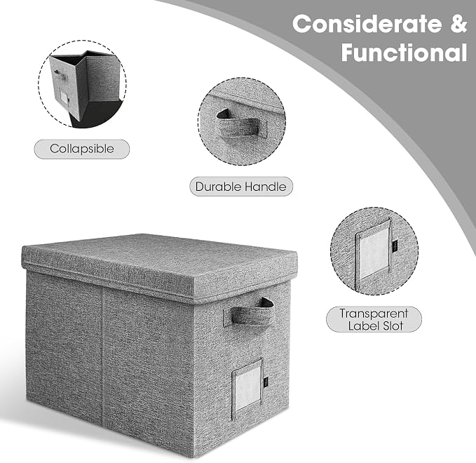 File Organizer Boxes with Lid, Linen Hanging File Storage Boxes with Handle, Collapsible Document Filling Boxes for Letter/Legal Folder, Portable File Box for Office/Decor/Home (2 Pack, Gery)