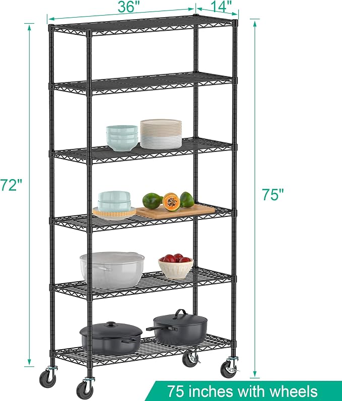 Folews 6-Tier Metal Storage Shelf with Wheels NSF Wire Shelving Unit, Black | Adjustable Storage Rack for Kitchen Garage Pantry Laundry Room, 36" W x 14" D x 75" H Rolling Shelf Organizer, Easy Assembly