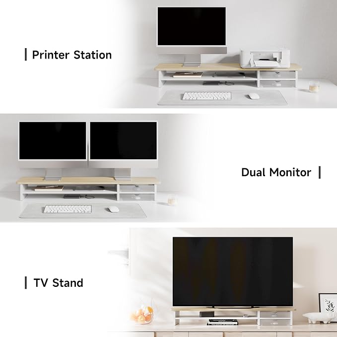 Fenge Monitor Stand, Desk Computer Riser with Frosted Storage Drawer, Oak | 42.5 Inch Dual Monitor Riser, 2 Tiers, Cable Management, Desk Shelf for 2 Monitors, Ultrawide Screen, Laptop, TV, Home Office