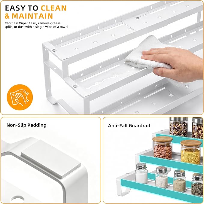 2 Pack Spice Rack Organizer for Cabinet, 13-21.5" Expandable Spicy Shelf | 9.45" Wide 3-Tier White Metal Seasoning Organizer, Kitchen Spice Organization, Slip-Resistant Guardrails for Jars and Cans
