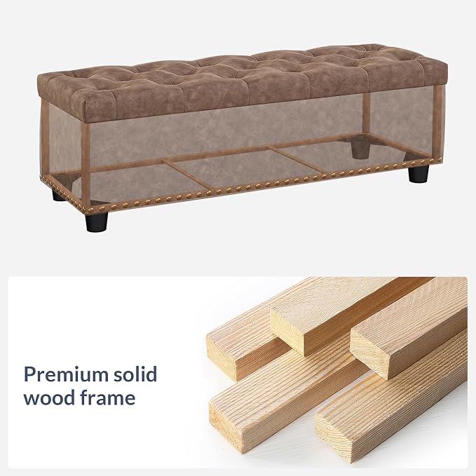 BELLEZE Storage Ottoman, Tufted Ottoman with Close Hinge, Foot Rest for Living Room (Rustic Brown, 47 inch)