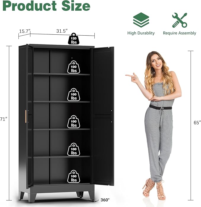Bevivog 71" Kitchen Pantry Cabinet, Metal Storage Cabinet with 2 Doors and 4 Adjustable Shelves, Farmhouse Black Metal Pantry Cabinets Storage for Kitchen, Home Office,Garage, Laundry Room