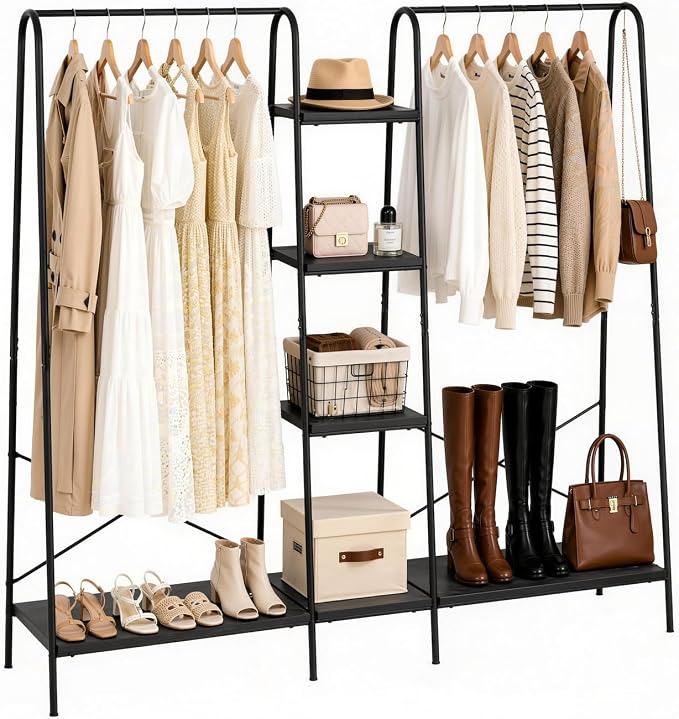 Finnhomy Clothes Rack for Hanging Clothes Freestanding Clothing Rack with 6 Wood Storage Shelves & 2 Rods Heavy Duty Garment Rack Portable Wardrobe Closet Organizer for Bedroom Closet Boutique,Black
