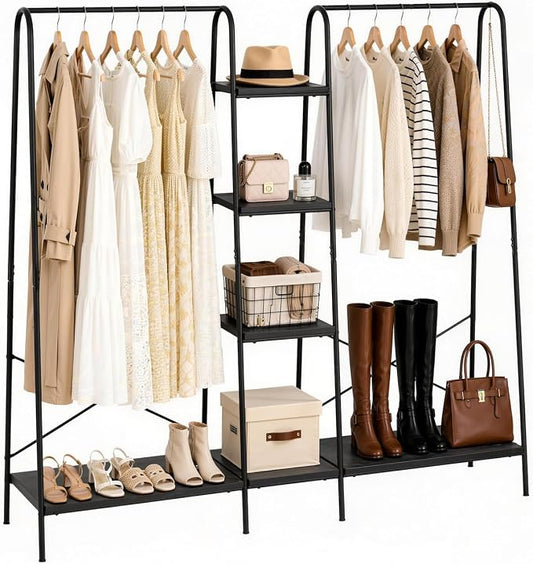 Finnhomy Clothes Rack for Hanging Clothes Freestanding Clothing Rack with 6 Wood Storage Shelves & 2 Rods Heavy Duty Garment Rack Portable Wardrobe Closet Organizer for Bedroom Closet Boutique,Black