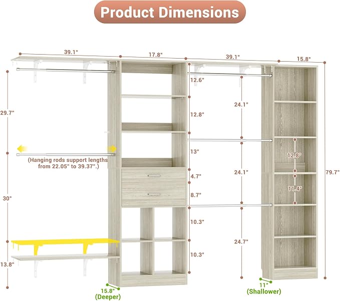 Besiost Closet System - 9.4FT/112" Closet Organizer System with Wooden Drawers,Closet Systems for Walk-In Closets with Hang Rods and Open Cabinet, Greige Oak