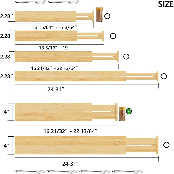 BAMEOS Bamboo Expandable Drawer Dividers – Fits 16.65"–22" Drawers, 4" Extra Deep Walls, Set of 4 | Maximum-Height Spring-Loaded Organizer for Deep Kitchen, Bathroom & Dresser Drawers