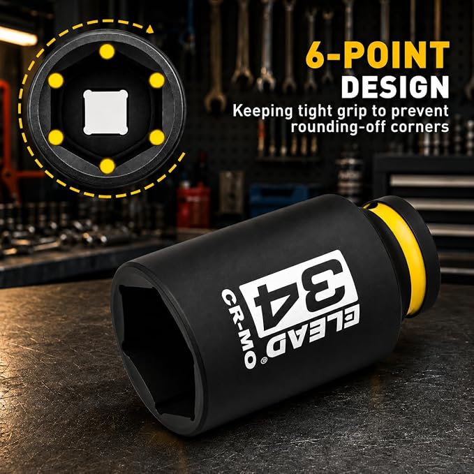 34 mm Socket 1/2" Drive Deep Impact Socket, Metric 6 Point 1/2-inch Drive Impact Axle Nut Sockets, CR-MO Nut Socket Set, Tools for Easy Removal of Axle Shaft Nuts