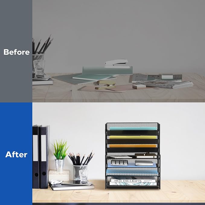 7 Tier Desk File Organizer with Letter Trays and File Holders Black | 7 Tier Metal Mesh Paper Organizer for Desk with Letter Trays and File Holders for Papers, Folders and Office Supplies