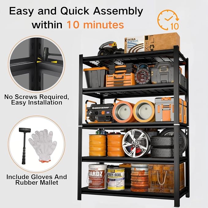 Garage Shelving, Heavy Duty Storage Shelves, Adjustable Boltless Units | Metal Shelving with Double Layer Posts, Industrial Steel Shelving for Garage Basement Warehouse Kitchen, Black, 72H*35W*16D