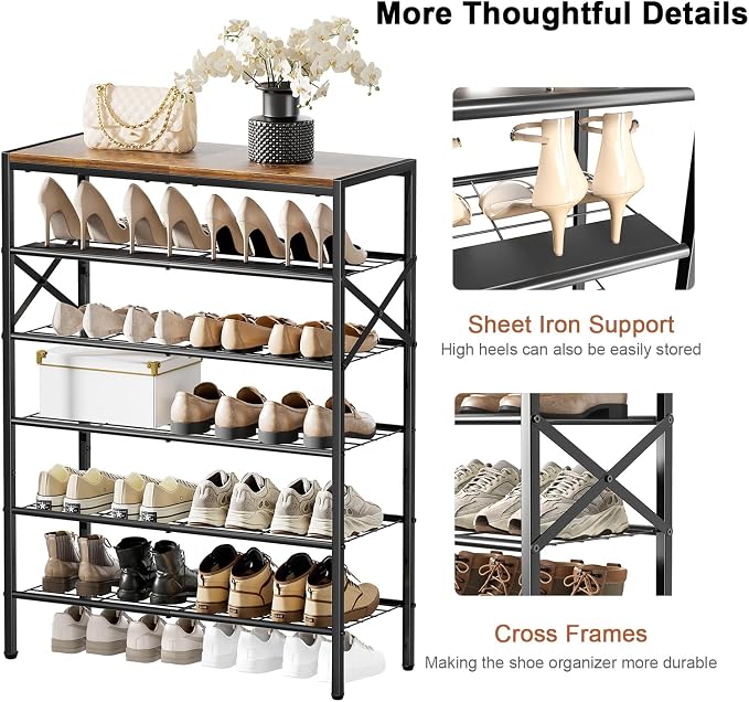 6 Tier Metal Shoe Rack with Wood Top, 18-24 Pairs Rustic Brown | Compact 38.6in tall fits entryway. Iron sheet for heels. Removable layer for tall boots. Multi-use display top.