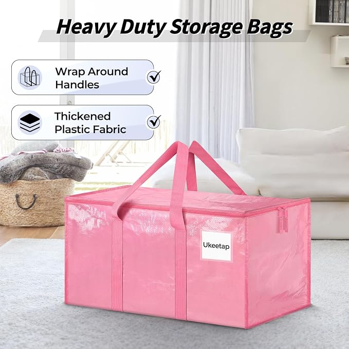 16 Pack Extra Large Clothes Storage Bins with Lids, Storage Bags with Reinforced Handles & Heavy-Duty Zippers, Moving Bags, Moving Boxes Totes for Clothes Packing, Dorms, College Supplies, Pink