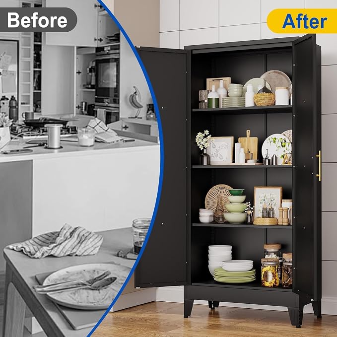61" Metal Storage Cabinet with 2 Doors and 3 Adjustable Shelves,Black Farmhouse Kitchen Pantry Cabinet,Steel Garage Tool Cabinet,File Cabinetfor Home,Office,Dinning Living Room,Warehouse