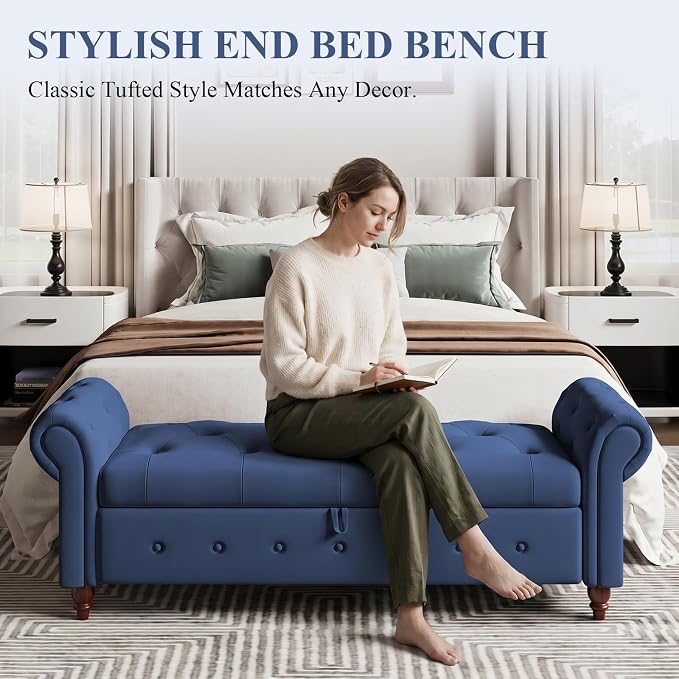 NIOIIKIT 63'' Storage Ottoman Bench, Tufted Entryway Bench Blue Polyester | Button Tufted End of Bed, Large Storage Space, Rolled Armed Ottoman Couch Long Bench for Bedroom, Living Room, Hallway