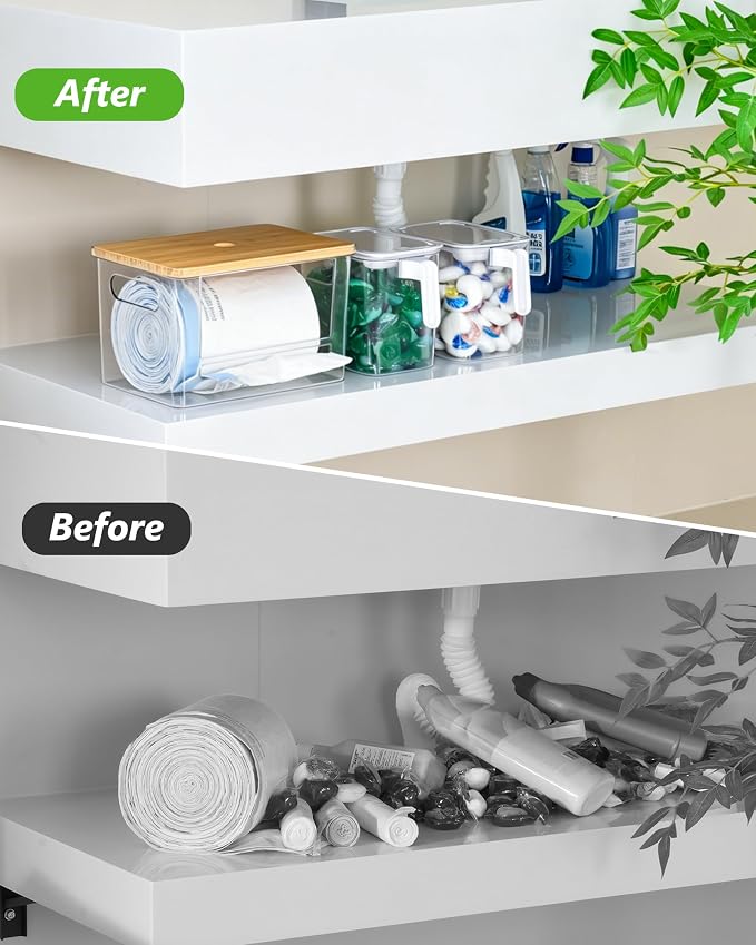 iCASA 3 in 1 Trash Bag and Dishwasher Pod Organizer Garbage Bags Dispenser | Large Acrylic Trash Bag Holder with Bamboo Lid, with 2 Pack Laundry Detergent Pods Container, Under Kitchen Sink Organizer