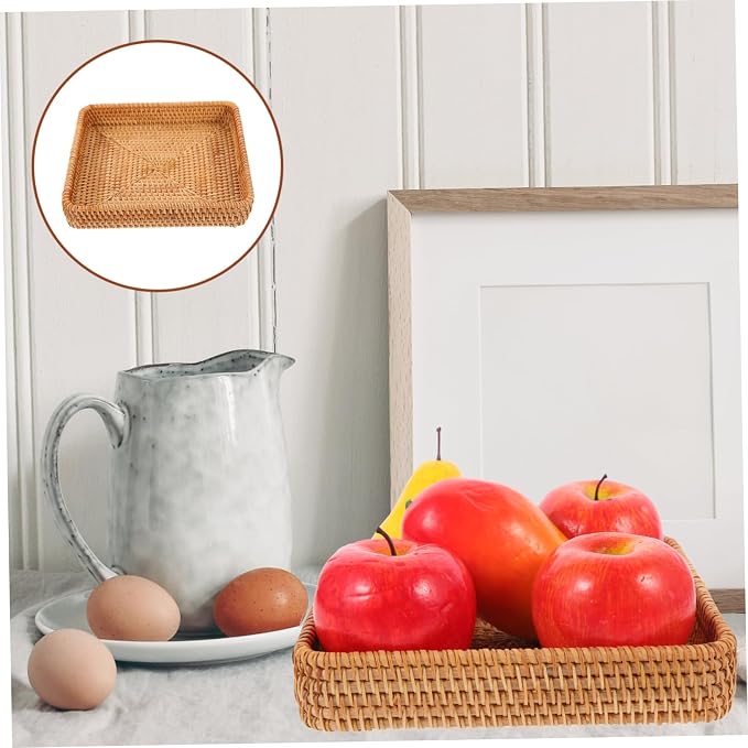 Amosfun Decorative Rattan Woven Storage Basket Versatile Sundries Holder for Home Office Premium Design for Snacks Items Toiletries