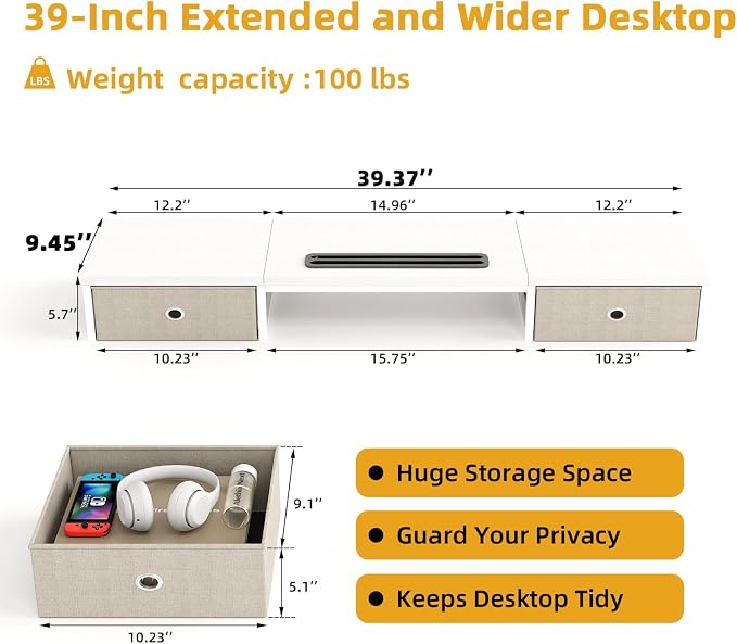 39 Inch Dual Monitor Stand Riser with 2 Drawers - Large White Wooden Computer Stand for 2 Monitors, Ergonomic Desk Organizer with Phone Holder, Desktop Storage for Laptop, Office Supplies, Home Office