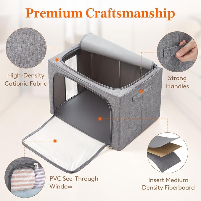 Lifewit Clothes Storage Bins with Metal Frame, Stackable Storage Box, Foldable Clothing Storage Bins with Lids, 100L Storage Bags Fabric Box Organizer with Clear Window＆ Zippers＆ Sturdy Handles 4 Pack
