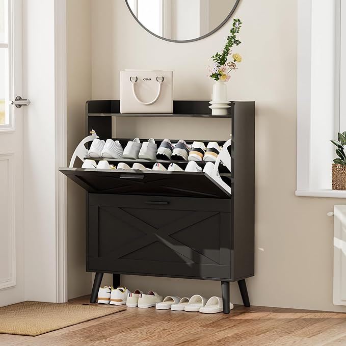 Homleke Farmhouse Shoe Storage Cabinet with Flip Drawers & Barn Door Design | Slim Narrow Shoe Rack Cabinet with Adjustable Shelves & Hidden Storage for Entryway, Foyer, Hallway, Living Room, Black