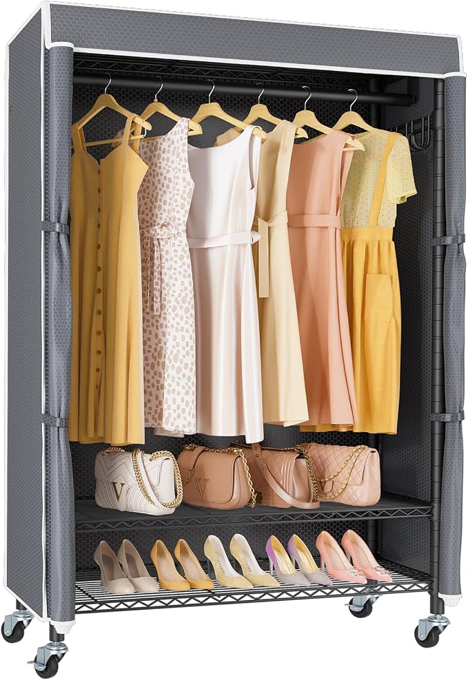 VIPEK R3C Rolling Clothes Rack with Cover Portable Closet Heavy Duty | Lockable Wheels, Adjustable Wire Shelving Heavy Duty, Metal Side Hooks, Polyester Cover, 374lbs Space-Saving for Home