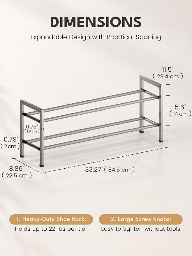 Bumusty 2 Tier Expandable Shoe Rack for Closet, Light Grey | 18"-33" Adjustable Shoe Rack for Entryway, Small Shoe Organizer for Dorm, Front Door, Sturdy Metal