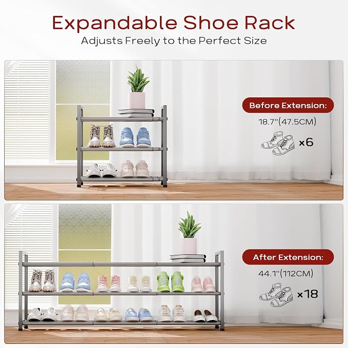 Bumusty 3 Tier Long Expandable Shoe Rack for Closet, Light Grey | 18"-44" Adjustable Shoe Rack for Entryway, Shoe Organizer for Dorm, Front Door, Sturdy Metal