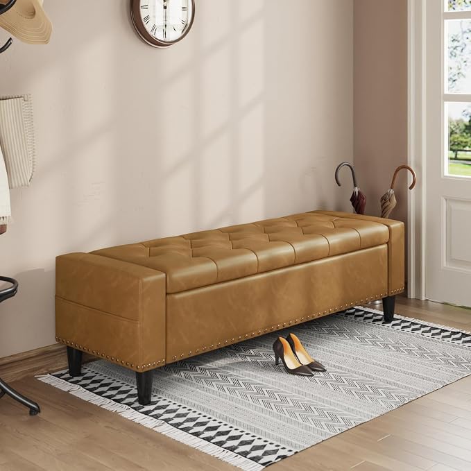 60" Storage Ottoman Bench, Faux Leather Upholstered Bed Bench with Tufted Buttons and Nailhead Trim, Large Ottoman with Storage for King Size End of Bed, Bedroom, Entryway, Hallway (Camel)