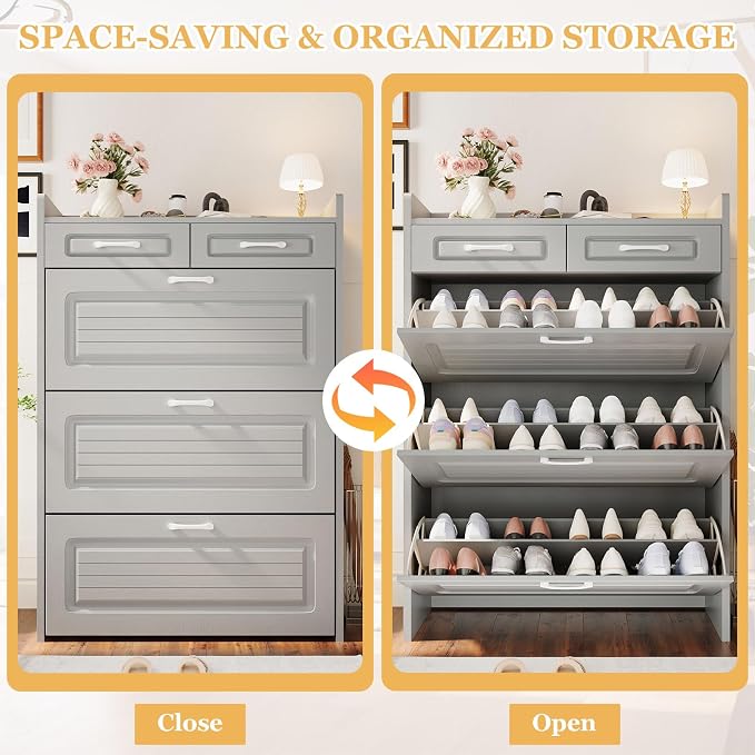 ODUWA Shoe Cabinet with 3 Flip Drawers and 2 Storage Drawers, Shoes Organizer Cabinets with Adjustable Divider, Hidden Shoe Storage Cabinet for Entryway, Hallway, Living Room, Light Grey