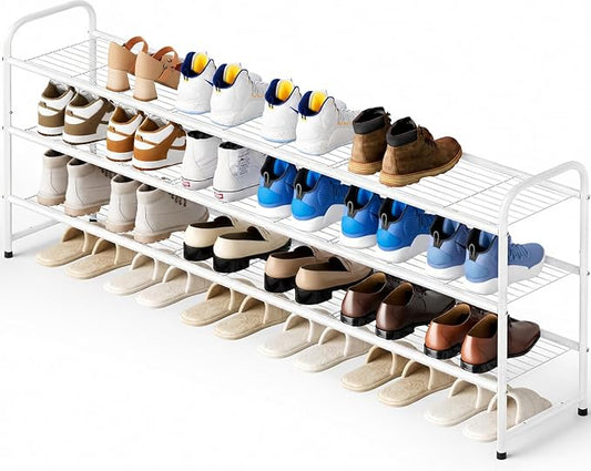 KEETDY 3-Tier Long Shoe Rack for Closet Metal Shoe Organizer for Entryway, Wide Stackable Shoe Storage Shelf with Sturdy Wire Grid for Closet Floor, Bedroom, White