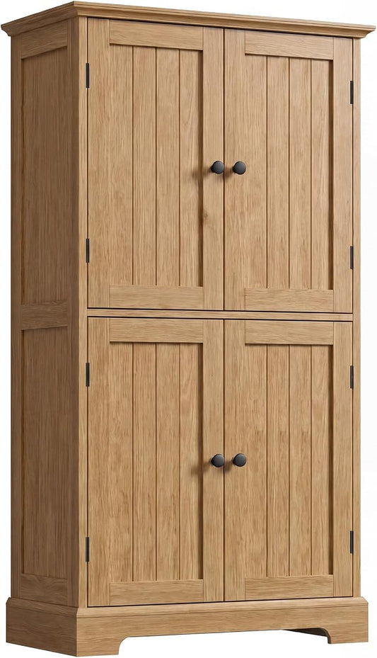 ChooChoo Bathroom Floor Cabinet with Adjustable Shelves | Bathroom Storage Cabinet, 4 Doors, Freestanding Cupboard for Living Room, Natural