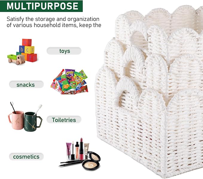 OIAHOMY Scalloped Wicker Baskets, Hand-woven Storage Baskets with Built-in Handles, Paper Rope Shelf Baskets for Organizing and Decoration, Set of 3-White