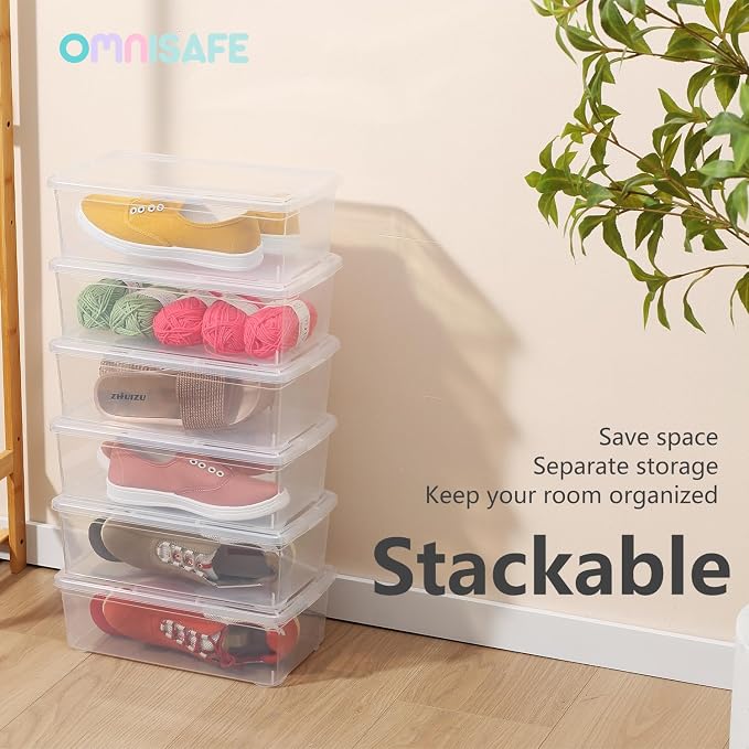 Stackable Plastic Storage Shoebox, BPA-Free Nestable Container with Latching Lid to Organize Shoes, See-Through Box for Home and Office, Multi-Purpose Storage Case, Clear Bins (10 Pack 6 Quart)