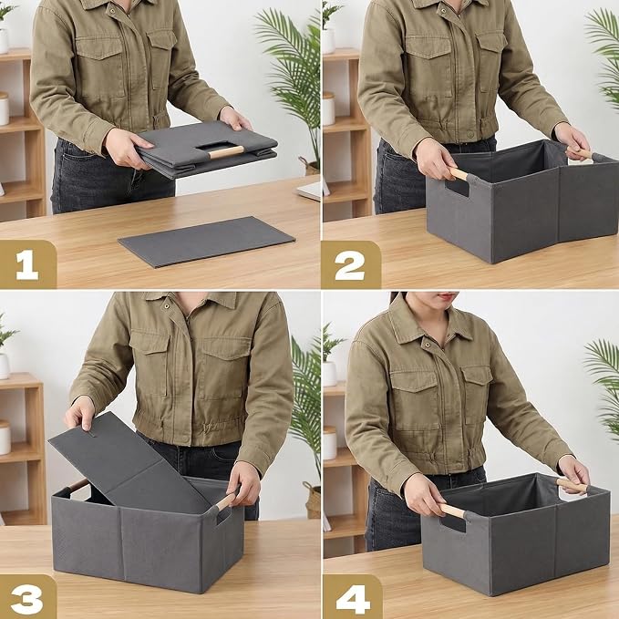 Foldable Fabric Storage Cubes, 2 Packs Cloth Storage Baskets with Wooden Handles, Collapsible Shelf Closet Organizer Bins, Rectangular Storage Boxes for Decor (Gray 2 Pack)