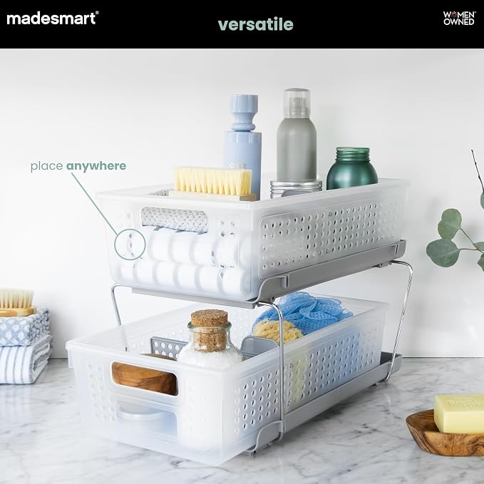 madesmart Two Tier Pull Out Organizer with Dividers, Frost