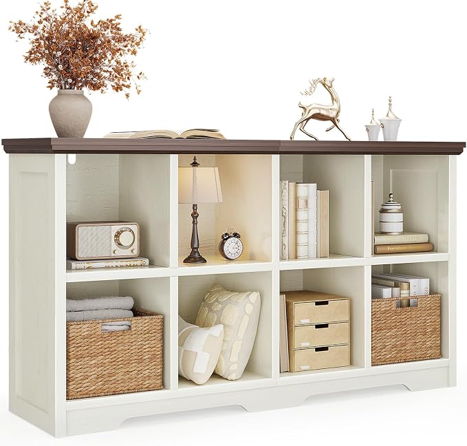 OffiGo 8 Cube Organizer Bookcase, Cube Shelf with Storage, Walnut + White | Modern Farmhouse Design, Open Cube Storage for Books & Decor, Display Shelf, Living Room, Bedroom, Home Office, Entryway