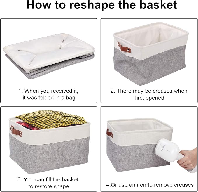 Univivi Fabric Storage Baskets for Shelves,15X10.5X9.5 Inch,Gray,4 Pack | Large Capacity,Metal Frame,Hard Cardboard Bottom,Foldable,Linen Closet Baskets with PU Handles