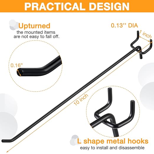 100 Pcs Peg Board Shelving Hooks Stainless Steel Hanging Board Pegs Wall Display Hooks Bulk for 1/8 1/4 Garage Storage Organizer Accessories (10 Inch,Black)
