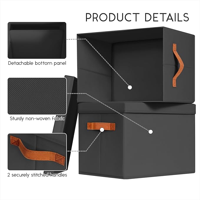 Homsorout Storage Bins with Lids - Large Fabric Closet Bins with Lid, 6 Pack Clothes Organizers and Storage, Collapsible Stackable Cube Basket for Home, Office, Dorm, Black