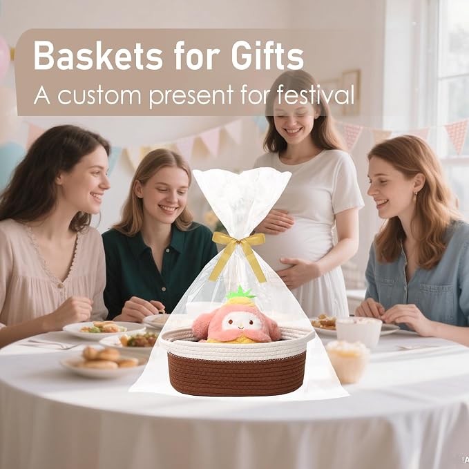 JMvicyroam Small Woven Basket, Empty Gift Basket, White&Brown/1 Pack | Small Gift Basket, Cotton Rope, 12 x 8 x 57 in, Handles, Includes Ribbon and Bag, Birthday Gift Basket