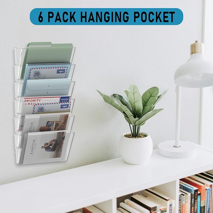 MINDEPOT 6 Pockets Acrylic Wall File Organizer Clear File Holder for Office | Acrylic Wall File Organizer Clear File Holder for Office