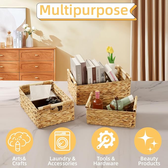 Wicker Storage Baskets for Organizing 3 Pack,Natural Water Hyacinth Ratten Baskets with Wooden Handles, Decorative Handwoven Storage Baskets for Shelves, Bathroom, Pantry or Kitchen