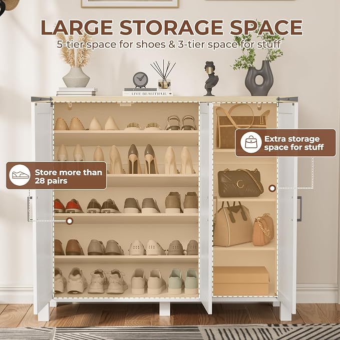 5-Tier Shoe Storage Cabinet, Farmhouse Shoe Rack Organizer Cabinet with 4 Adjustable Shelves & Side Cabinets, Freestanding Shoe Cabinet Storage with Anti-tip Fitting for Entryway, 47.3L×13.7W×40.7H