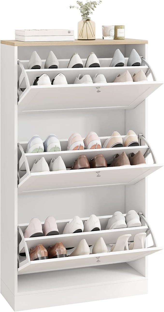 HOMCOM Shoe Storage Cabinet with 3 Flip Drawers, Adjustable Shelves, White | Wooden Freestanding Shoe Organizer, Narrow Design, Entryway, Hallway