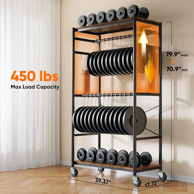 HOKEEPER Heavy Duty Rolling Clothes Rack, Metal Closet Organizer with Wood Shelves, Adjustable 70.9"-79.9" H x 39.3" W Freestanding Wardrobe for Bedroom, Max Load 450 LBS