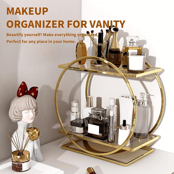 Perfume Organizer, 2-Tier Bathroom Countertop Organizer and Storage | Gold Makeup Organizer for Vanity, Counter Shelf Bathroom Accessories & Decor, Skincare Trays Perfume Holder Cosmetic Display