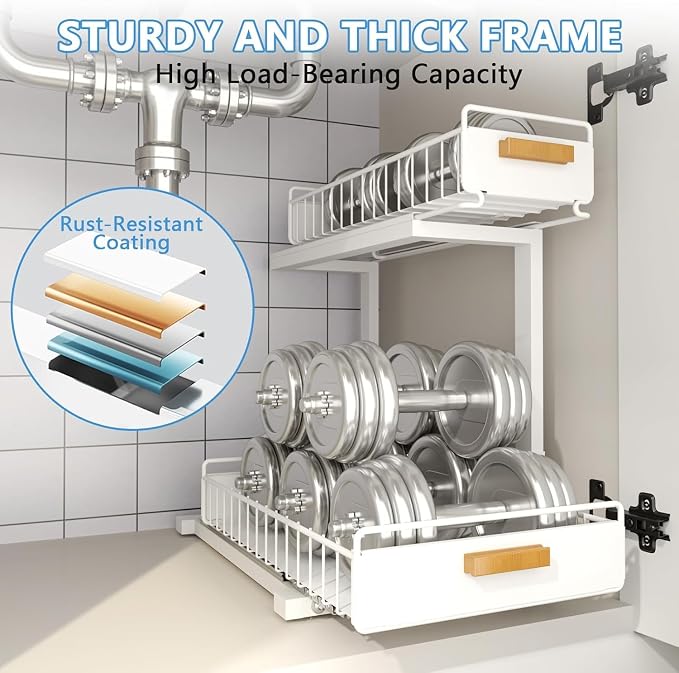Under Sink Organizer Kitchen - Upgraded Professional Rails, 2 Tier Dual Pull Out Cabinet Storage, Height Adjustable Under Sink Storage, Metal Sliding Drawer for Kitchen & Bathroom, White, 1 Pack