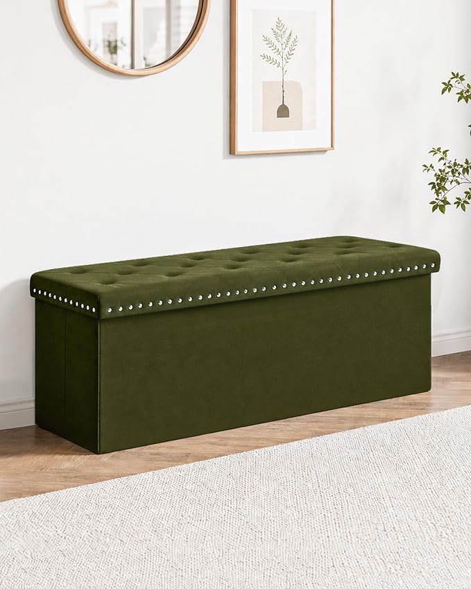 B FSOBEIIALEO Storage Ottoman Bench, Folding Tufted Ottomans with Storage, Extra Large 140L Storage Boxes Footrest Bench for Bedroom, Luxury Velvet Fabric 43 Inches Olive